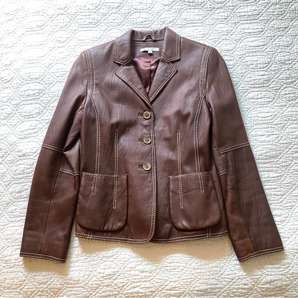 Cabi Brown Leather Blazer Jacket Contrast Stitch Moto Women’s 8 - Picture 11 of 15